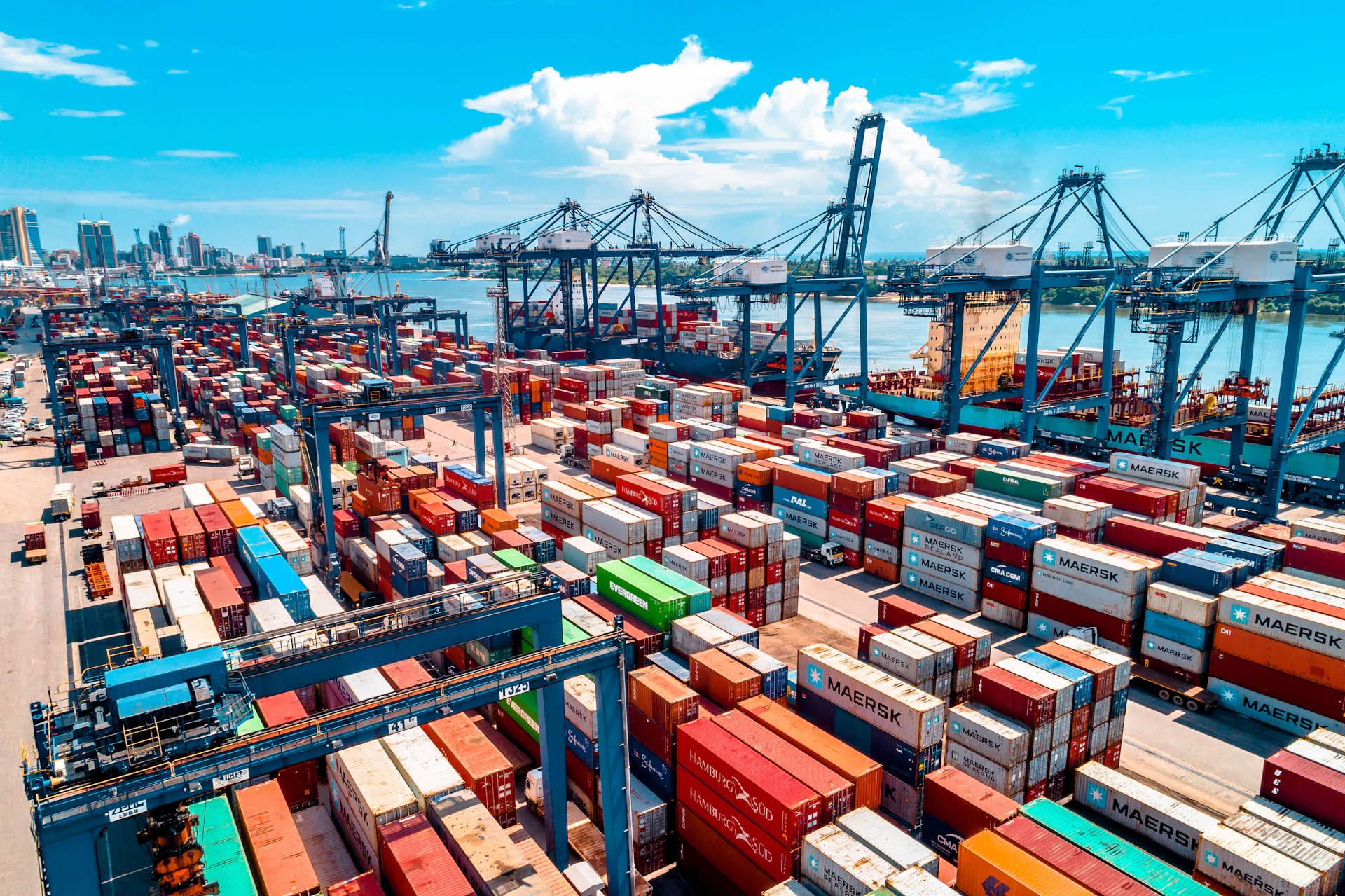 Stacked shipping containers at a marine terminal